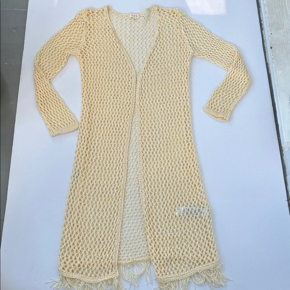 POL Women’s Cream Crochet Knitwear Boho Bohemian Open Front Cardigan Size Small